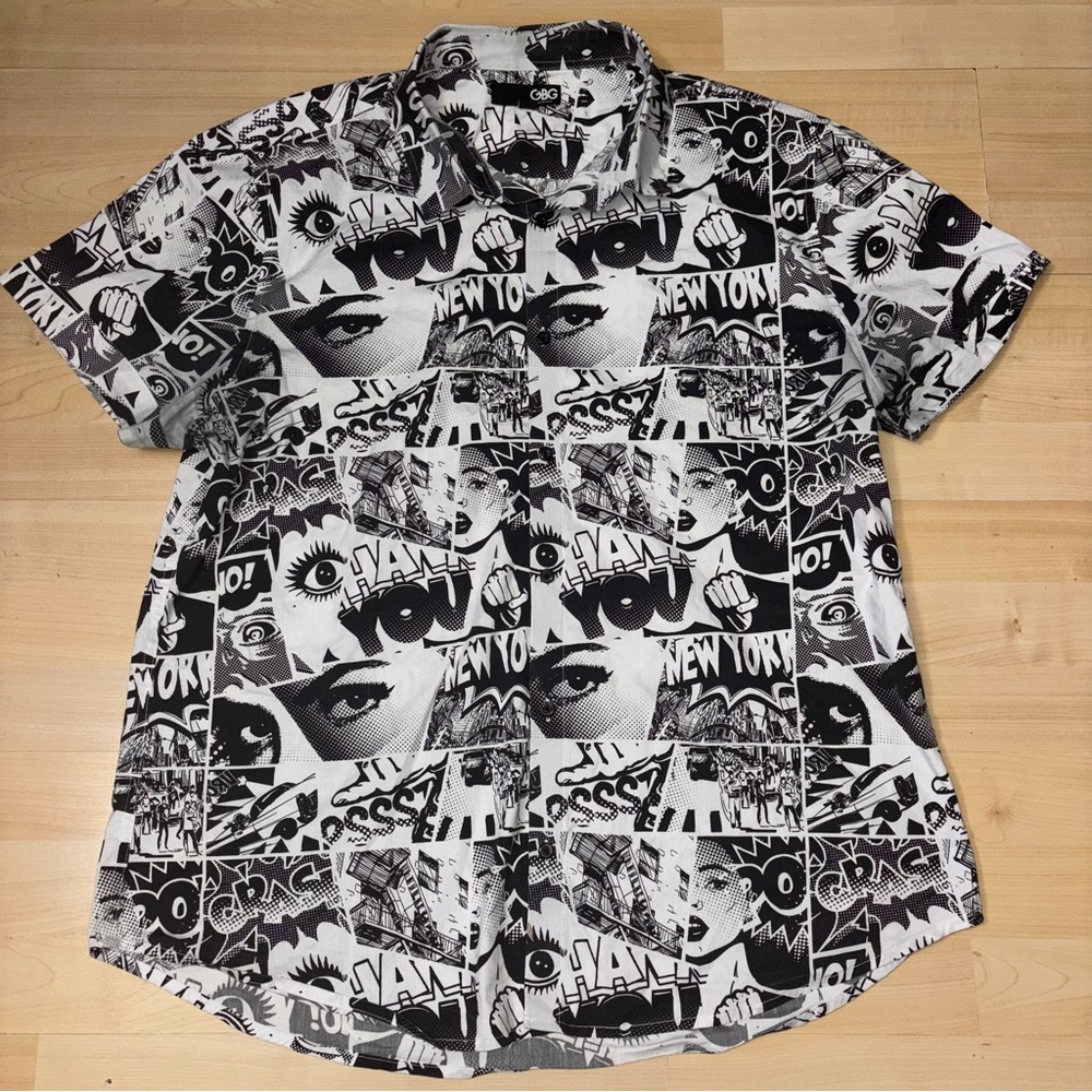 GBG Los Angeles Mens XXL Graphic Comic Book All Over Print Shirt NYC POW Pop Art